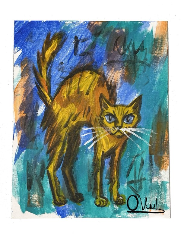 Ovaul Original 11x14 Canvas Panel Acrylic Neo-Expressionist Orange Cat Unframed