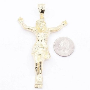 Authentic 2" Solid Metal Textured Jesus Crucifix Pendant In Real 14k Yellow Gold Plated