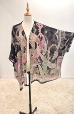 Umgee Kimono Open Cardigan M L Pom pom Trim Paisley Print Dark Blue Festival Boh