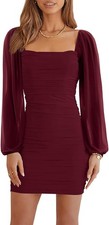 Mesh Long Sleeve Dress Square Neck Ruched Mini Dress Stretch Cocktail Dresses