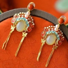 Peking Opera Earrings Enamel Color Inlaid Pearls 18K Gold Plated Ear Hooks