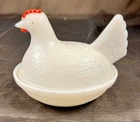 Vintage Hen On Nest 4.5" White Milk Glass Trinket Dish Lid Colored Comb & Beak