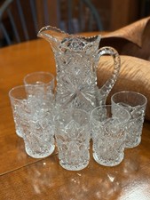 ANTIQUE AMERICAN BRILLIANT ABP PRESCUT PITCHER 6 GLASSES SET HOBSTAR PINWHEEL EU