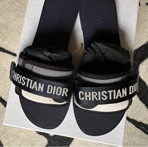 Sandales plates Christian Dior Diorevolution Dway bleu logo caoutchouc coulissant mule 37