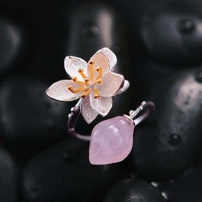 Natural Rose Quartz Gemstone Lotus Whispers Handmade Ring Sz Adjustable