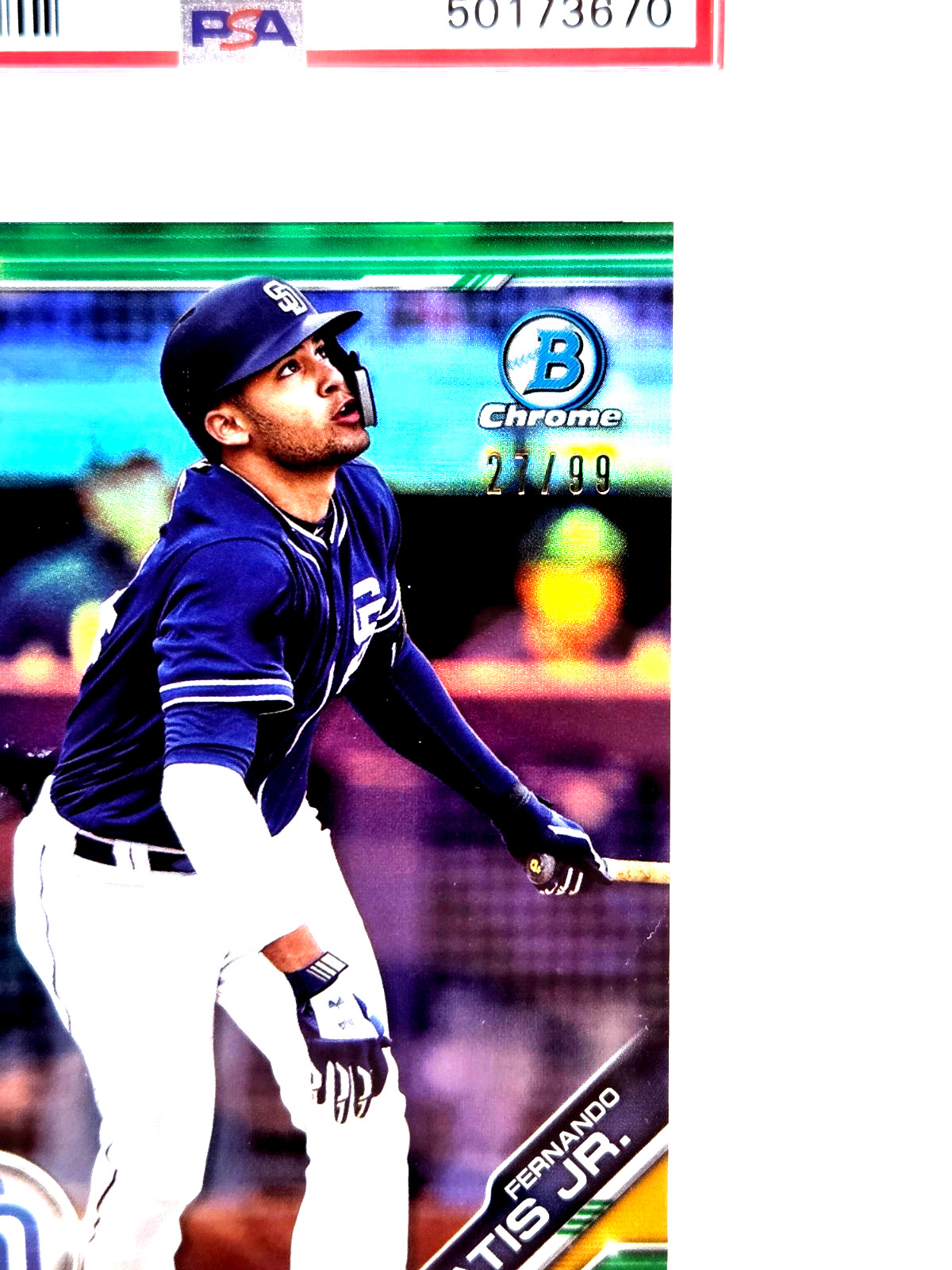 2019 Bowman Chrome GREEN REFRACTOR FERNANDO TATIS JR RC Card /99 PSA 8 NM-MT view 2