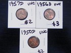 3 Uncirculated Wheat Cents 1950D, 1956D, 1957D — photo 1