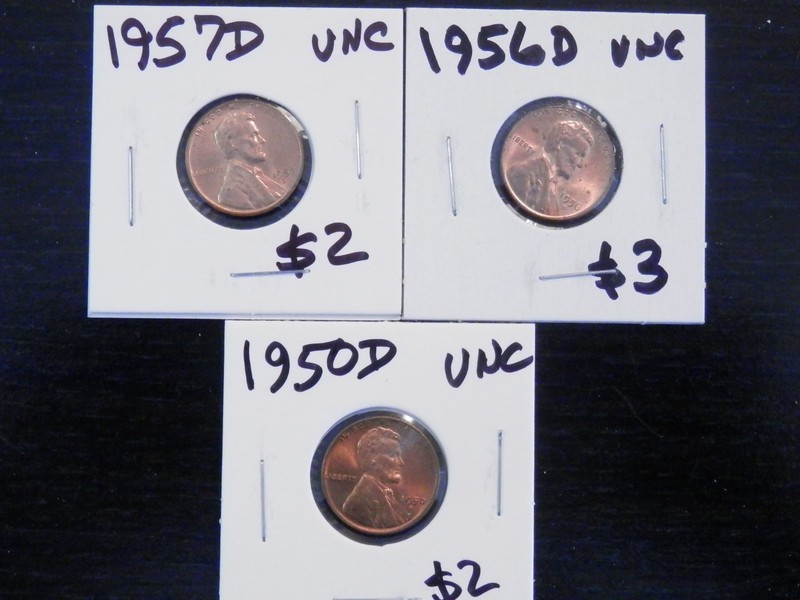 3 Uncirculated Wheat Cents 1950D, 1956D, 1957D