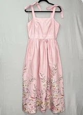 Joie Powder Pink Floral Midi Dress Tie Straps Sz L Soft Girl Cottagecore Smocked
