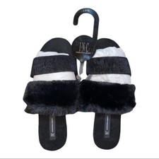 INC Double Band Black Faux Fur Scruff Slippers Slides Women's Large 9-10 NWT