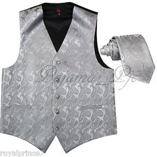 SILVER XS to 6XL Paisley Tuxedo Suit Dress Vest Waistcoat  Neck tie Wedding
