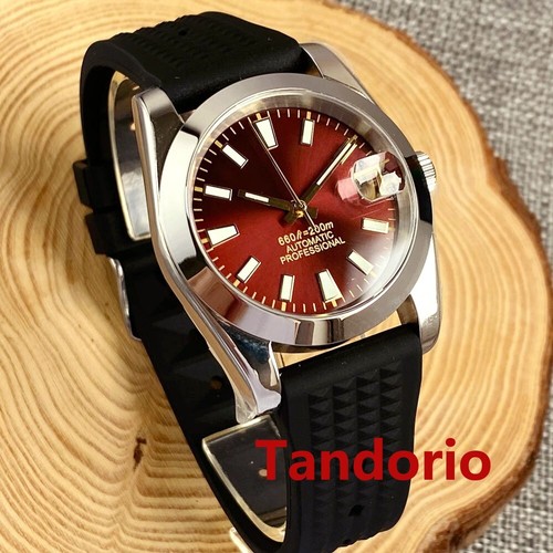 36mm Sapphire Glass Japan NH35A Automatic Mens Watch Wine Red Sunburst Dial Date - Picture 3 of 7