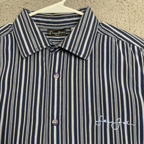 Sean John Shirt Men Large Long Sleeve Collared Button Cotton Striped Blue Casual - Picture 2 of 14