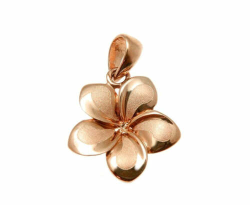 PENDENTIF CHARME FLEUR PLUMERIA TROPICALE FANTAISIE 13 MM OR ROSE MASSIF 14K HAWAÏEN - Photo 1/2