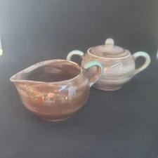 Sugar And Creamer Set Santa Anita Ware-Ca  pottery Brown/ Teal Brushed A-01