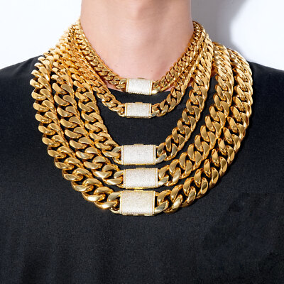 12-22MM  Stainless Steel Gold Plated Miami Hip Hop Cuban Chain Necklace Bracelet