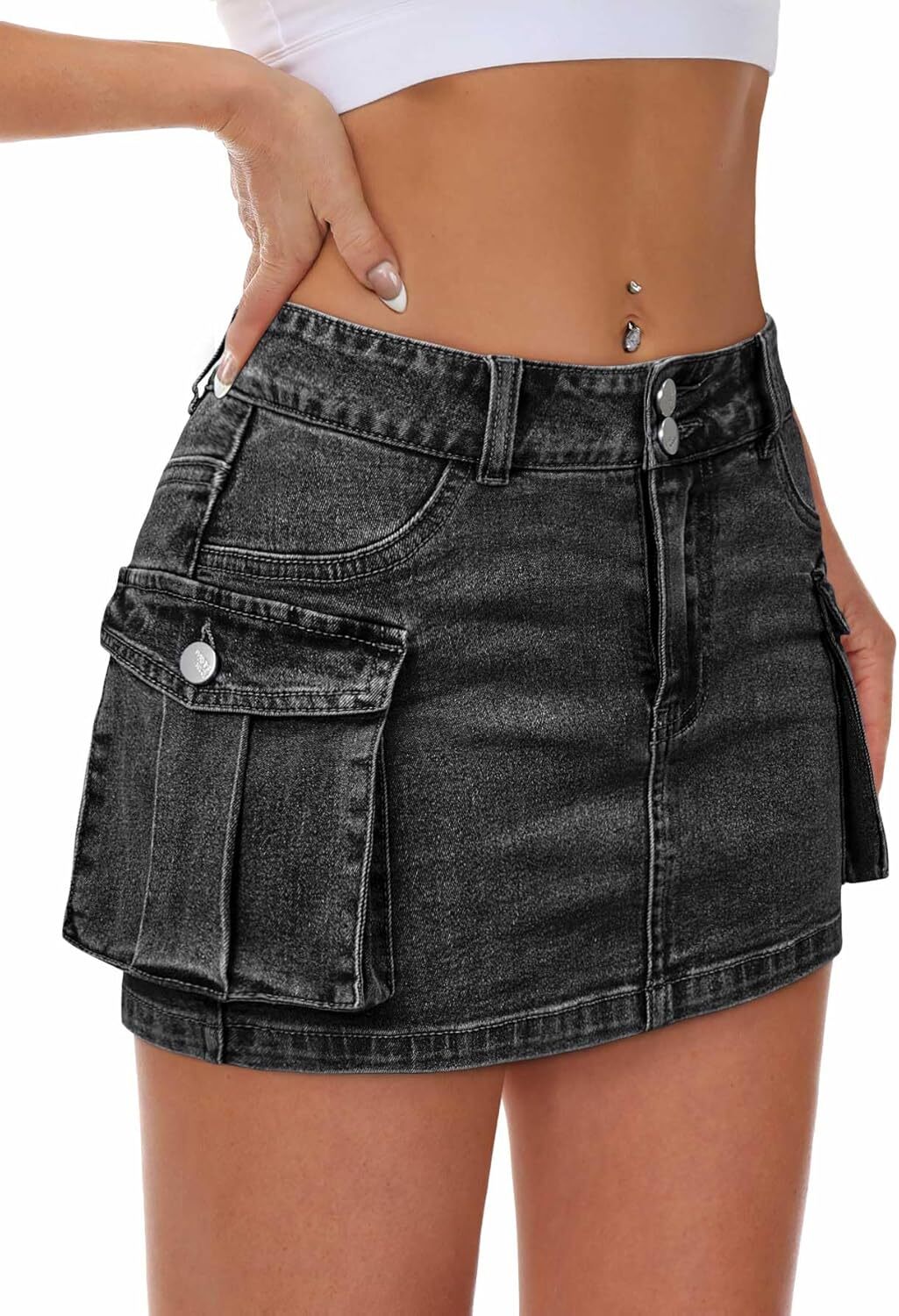 Women's Low Waist Mini Denim Cargo Skirt - Y2K Button Bodycon with Flap Pockets