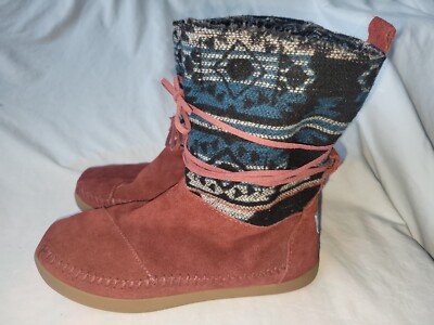 WOMENS TOMS NEPAL RED LEATHER KNIT BLACK BLUE AZTEC FUZZY LINED BOOTS SHOE  7.5