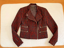  198 Banana Republic Women sz 0 Red /black Boucle Moto zip jacket