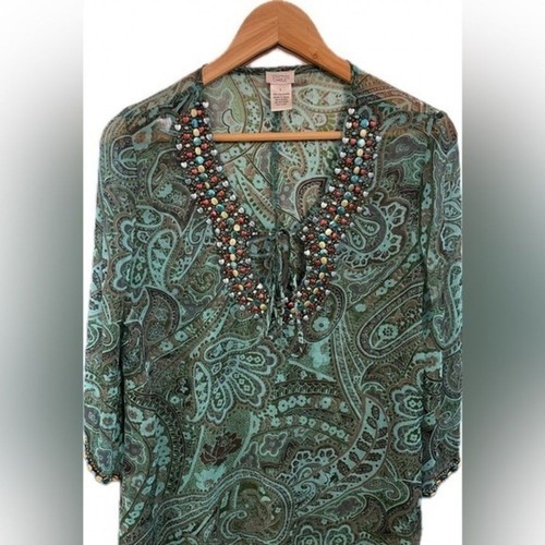 Charming Charlie Vintage Boho Floral Print Blouse Y2K embellishments. Size Large