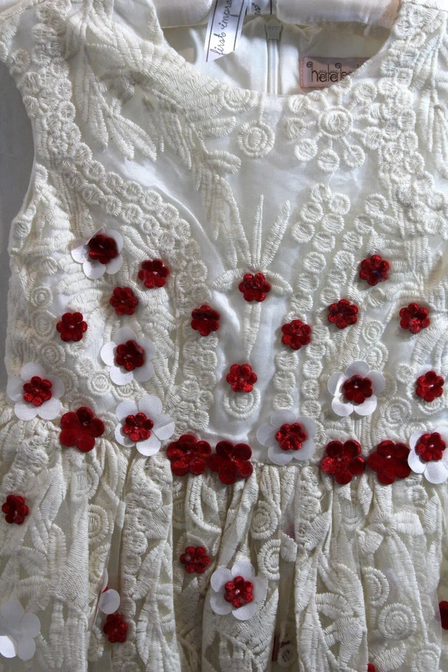 Girls Dress Cream Embroidered with dainty Red Flowers Size 4T by Halabaloo - Image 4 of 4