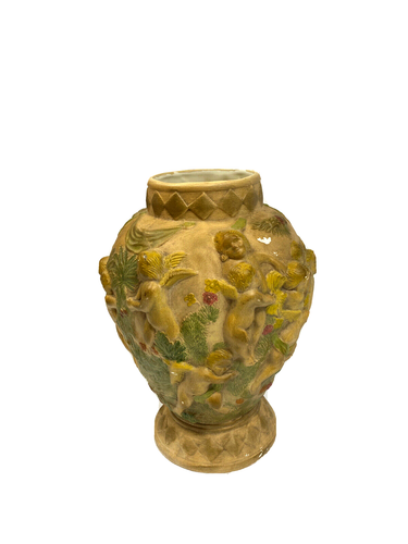Vintage Keramik Steingut Vase verziert figürlich Cherubs Engel Putti signiert WOW - Bild 1 von 12
