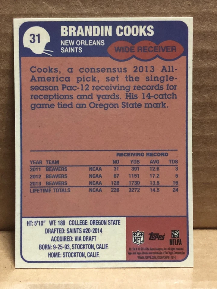 2014 Topps Chrome Brandin Cooks 1985 Design Silver Refractor Rookie RC #32/99 - Image 4 of 4