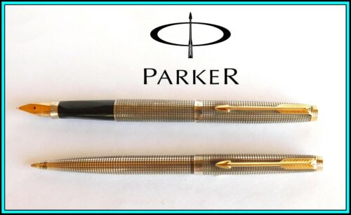 VINTAGE PARKER 75 Sterling Silver Set: Fountain & Ballpoint Pens 14k Medium Nib - Picture 3 of 12
