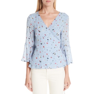 Ganni Serenity Blue Dainty Floral Georgette Wrap Top Blouse US S | eBay