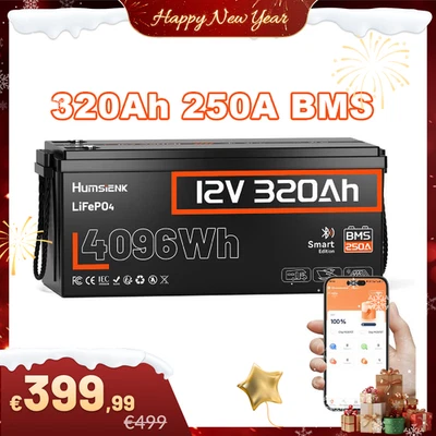 HUMSIENK 12V 300Ah LiFePO4 4KWh Bluetooth Lithium Batterie 250A BMS Off-Grid Wohnmobil