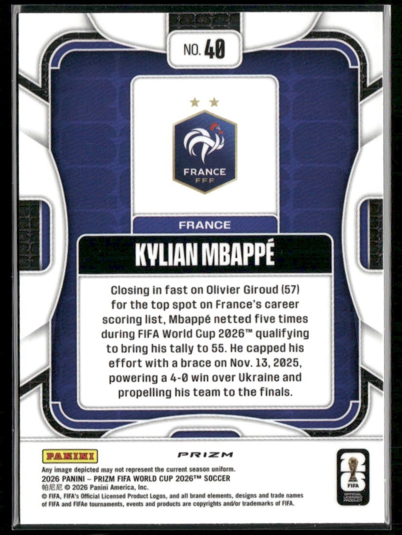 2026 Panini Prizm Fifa World Cup - Kylian Mbappe #40 Silver Prizm view 2