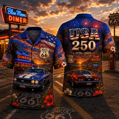 Patriotic USA 250th Anniversary Retro Muscle Car Hawaiian Shirt Aloha