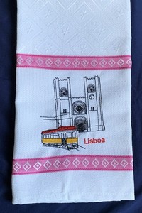 LISBON PORTUGAL kitchen tea towel NWOT cathedral tram Lisboa embroidered