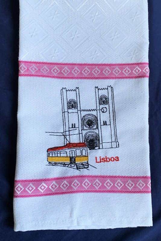 LISBON PORTUGAL kitchen tea towel NWOT cathedral tram Lisboa embroidered