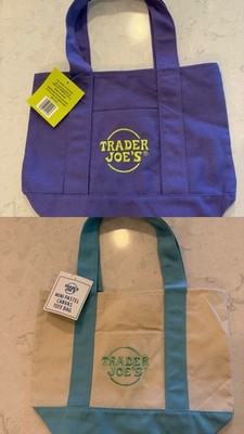 Set Of 2 NWT Trader Joe s Mini Tote Bags. Purple & Green, Blue And Green
