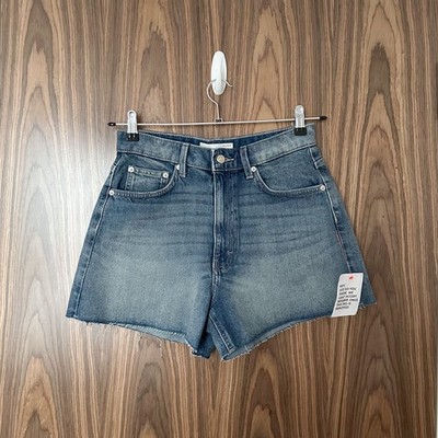 Topshop Blue Bleach Denim Comfort Stretch High Rise Raw Hem Shorts W29 UK 12 NEW