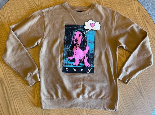 Obey Worldwide Women's Crew Neck Sweatshirt Love Dog Tan Medium Shepard Fairey
