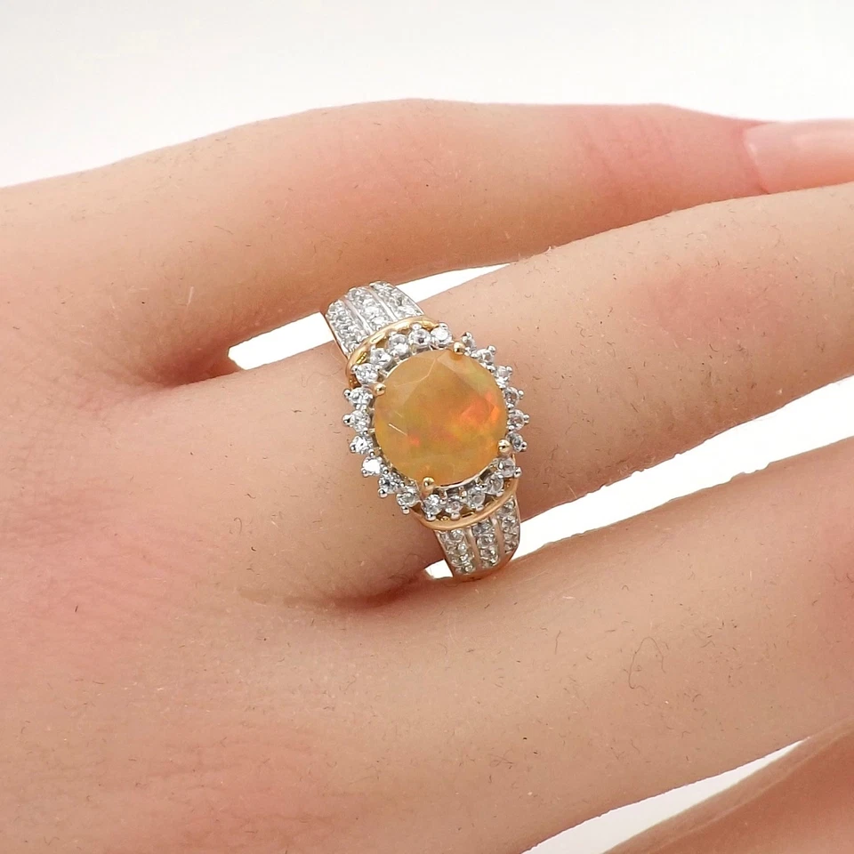 10k Gold Natural Jelly Opal White Topaz Halo Setting Semi Mount Ring sz7 - Image 3 of 4