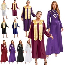 AU Womens Cleric Cassock Robe Metallic Shiny Trim Church Choir Priest Maxi Dress