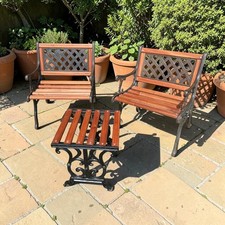 Restored Vintage Cast Iron Garden Chairs & Table Hardwood Bistro Set