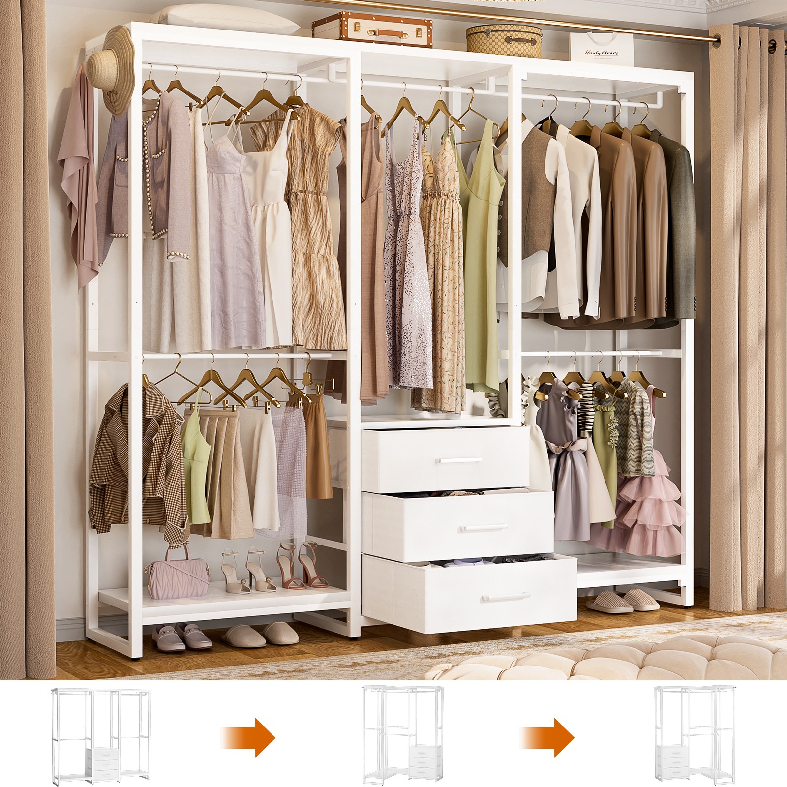 Drwas Rack Heavy Duty L Shaped Closet System Organizer with 3 Drawers Rack