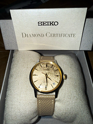 Seiko Presage men s mechanical Gold Dial Beige Leather Strap Date 50m