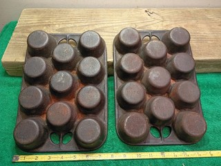 2pc pair! Vintage Cast Iron Griswold Muffin Pans Heavy Made in U.S.A. 11 cups ea