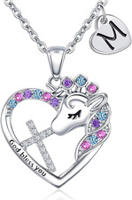 Unicorn Cross Necklace Gifts for Girls - Colorful CZ Heart Unicorn Necklaces Ini