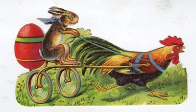 Glanzbilder Oblaten Ostern Hase Hahn Kutsche  Ei  12 cm geprägt