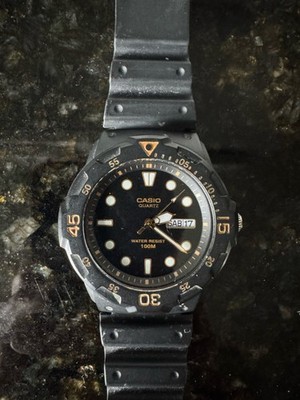 Casio MRW-200H Diver Style Watch Black Gold Accent Day Date 100M Resin Sport