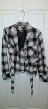 Women's Plaid Belted Button Jacket Black White Size L