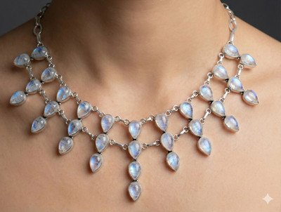 925 Sterling Silver Moonstone Gemstone Handmade Jewelry Necklace Size-17-18