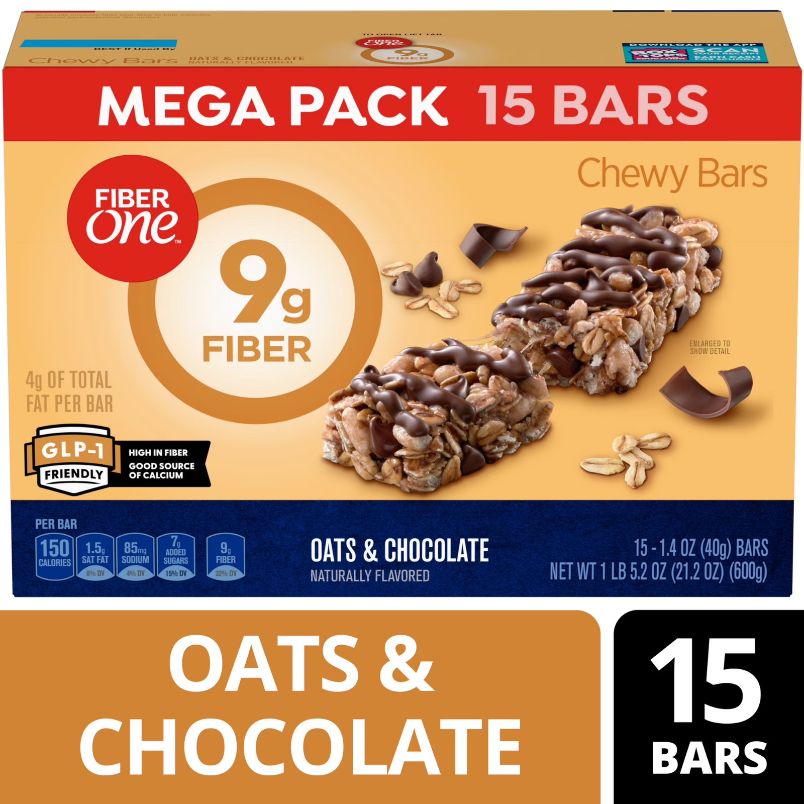 Fiber One Chewy Bars, Oats & Chocolate, Fiber Snacks, Mega Pack, 15 ct