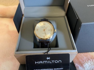 Hamilton H42725551 Jazzmaster Auto Watch Gold Dial Leather Strap Unused Box
